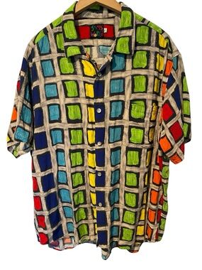 Vintage Jams World Men's Multicolor Grid-Print Short Sleeve Shirt Mens xl